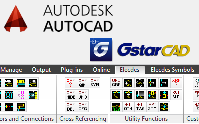 AutoCAD and GStarCAD logos, and AutoCAD ribbon showing Elecdes electrical CAD buttons